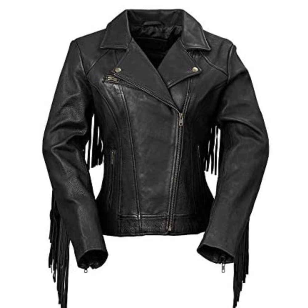 Black Leather Fringed Motorcycle Jacket, Never worn